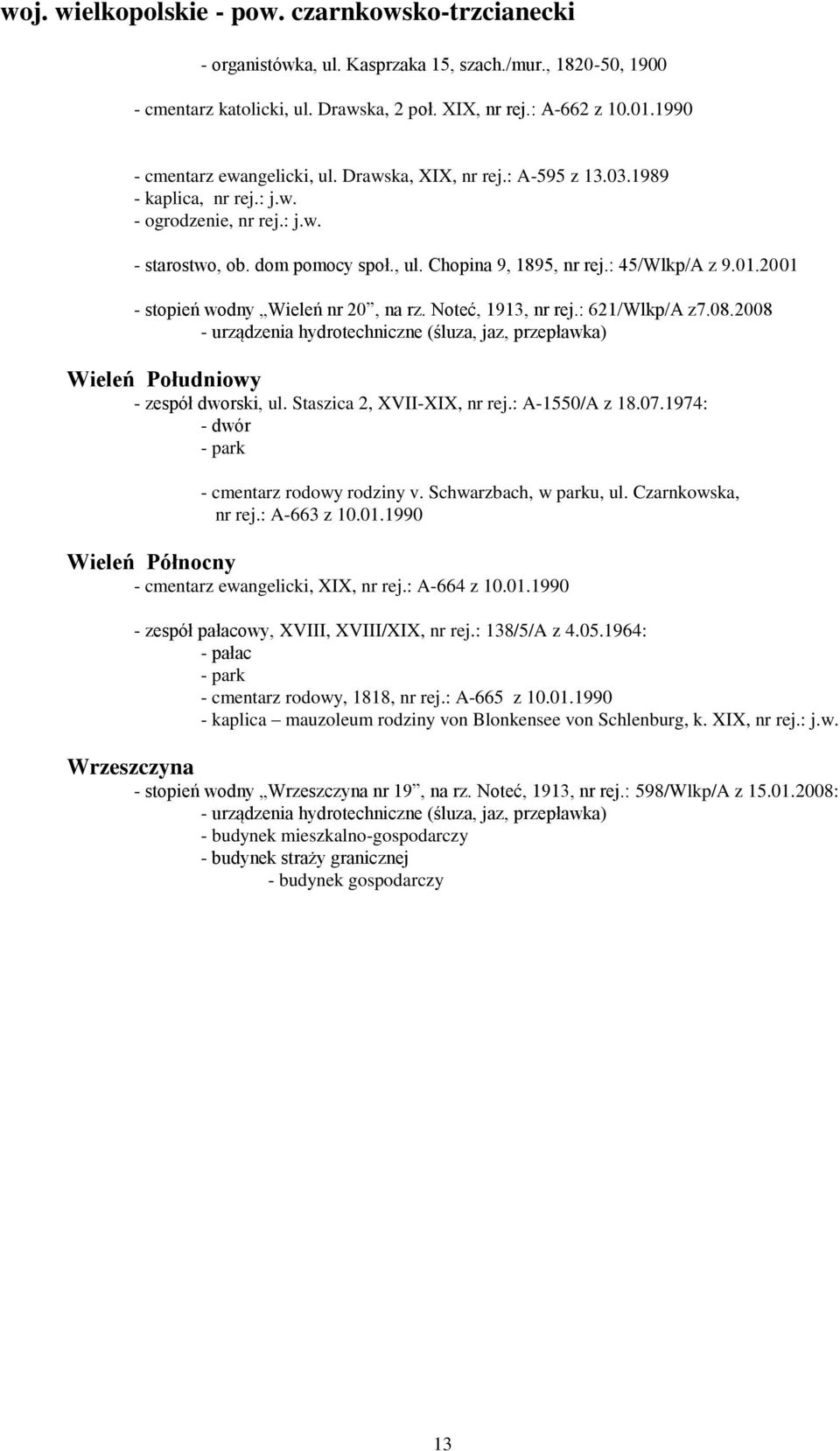 : 45/Wlkp/A z 9.01.2001 - stopień wodny Wieleń nr 20, na rz. Noteć, 1913, nr rej.: 621/Wlkp/A z7.08.2008 - urządzenia hydrotechniczne (śluza, jaz, przepławka) Wieleń Południowy - zespół dworski, ul.