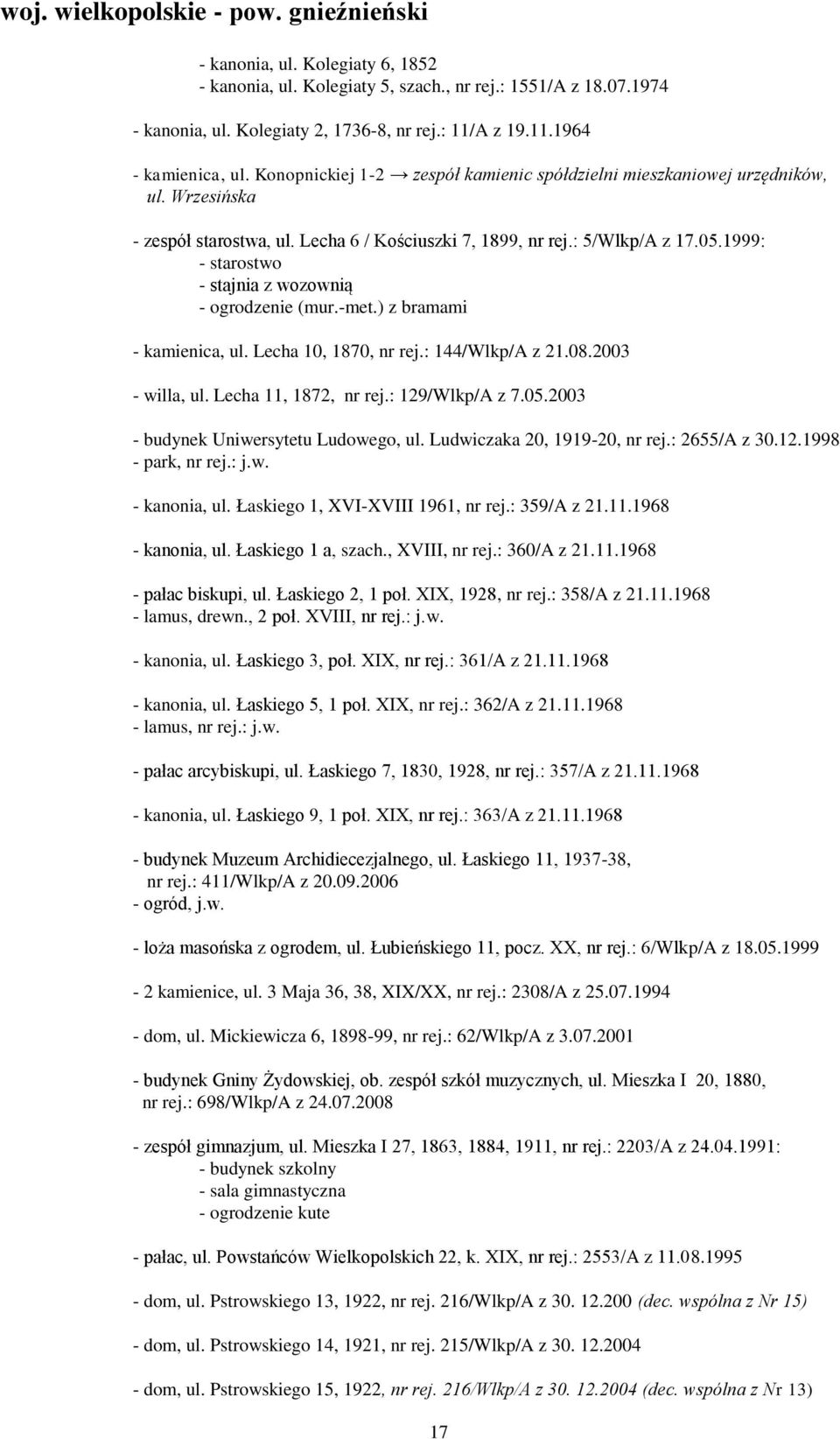 1999: - starostwo - stajnia z wozownią - ogrodzenie (mur.-met.) z bramami - kamienica, ul. Lecha 10, 1870, nr rej.: 144/Wlkp/A z 21.08.2003 - willa, ul. Lecha 11, 1872, nr rej.: 129/Wlkp/A z 7.05.