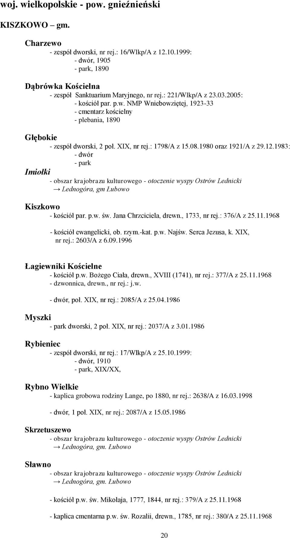 1983: - dwór Imiołki - obszar krajobrazu kulturowego - otoczenie wyspy Ostrów Lednicki Lednogóra, gm Łubowo Kiszkowo - kościół par. p.w. św. Jana Chrzciciela, drewn., 1733, nr rej.: 376/A z 25.11.