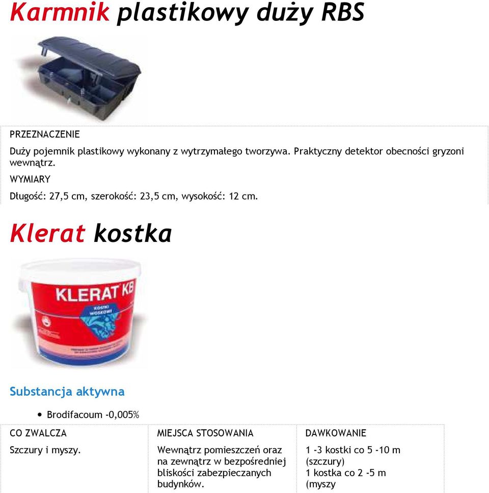Klerat kostka Substancja aktywna Brodifacoum -0,005% CO ZWALCZA MIEJSCA STOSOWANIA DAWKOWANIE Szczury i myszy.