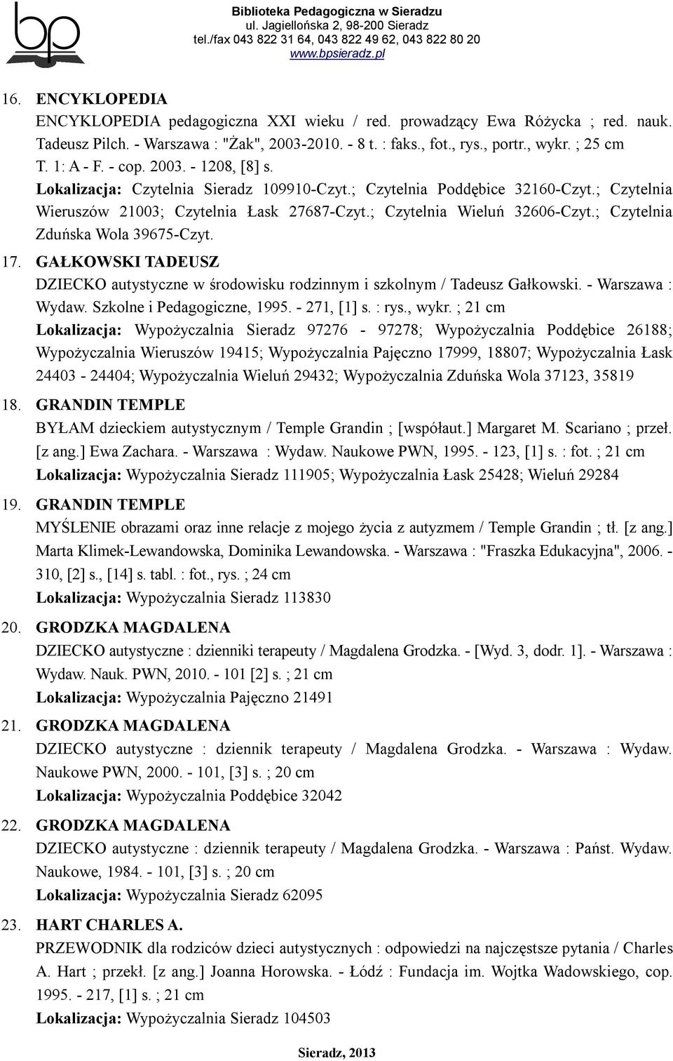 ; Czytelnia Zduńska Wola 39675-Czyt. 17. GAŁKOWSKI TADEUSZ DZIECKO autystyczne w środowisku rodzinnym i szkolnym / Tadeusz Gałkowski. - Warszawa : Wydaw. Szkolne i Pedagogiczne, 1995. - 271, [1] s.