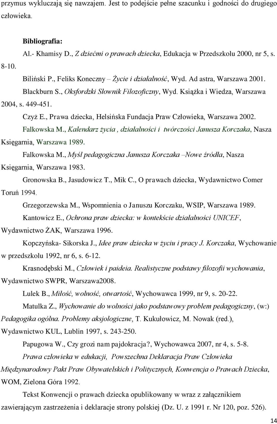 , Prawa dziecka, Helsińska Fundacja Praw Człowieka, Warszawa 2002. Falkowska M., Kalendarz życia, działalności i twórczości Janusza Korczaka, Nasza Księgarnia, Warszawa 1989. Falkowska M., Myśl pedagogiczna Janusza Korczaka Nowe źródła, Nasza Księgarnia, Warszawa 1983.