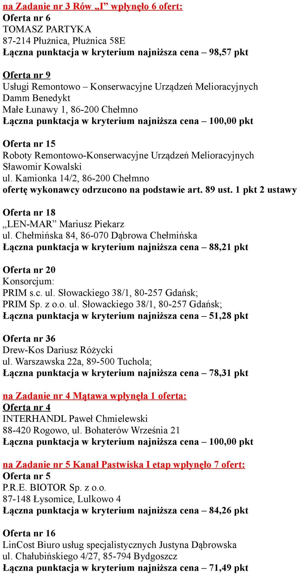Kamionka 14/2, 86-200 Chełmno ofertę wykonawcy odrzucono na podstawie art. 89 ust. 1 pkt 2 ustawy Oferta nr 18 LEN-MAR Mariusz Piekarz ul.