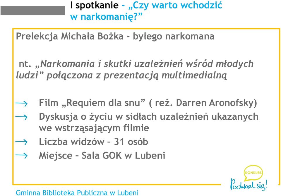 Narkomania i skutki uzależnień wśród młodych ludzi połączona z prezentacją