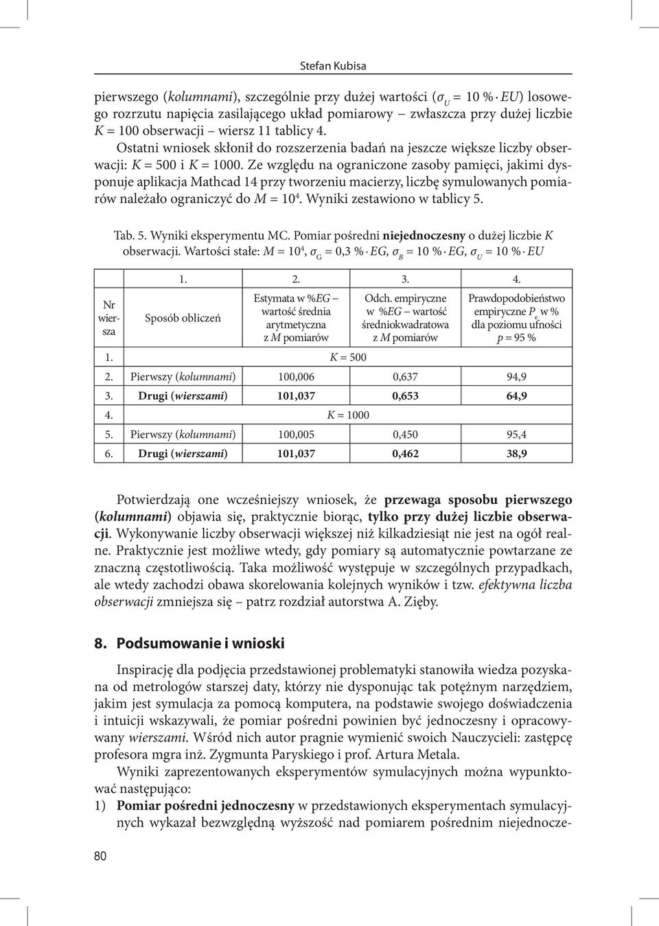 Ze względu na ograniczone zasoby paięci jaii dysponuje apliacja Mathcad 4 przy tworzeniu acierzy liczbę syulowanych poiarów należało ograniczyć do M 0 4. Wynii zestawiono w tablicy 5. Nr wiersza Tab.