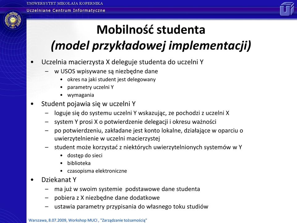 ważności po potwierdzeniu, zakładane jest konto lokalne, działające w oparciu o uwierzytelnienie w uczelni macierzystej student może korzystad z niektórych uwierzytelnionych systemów w Y