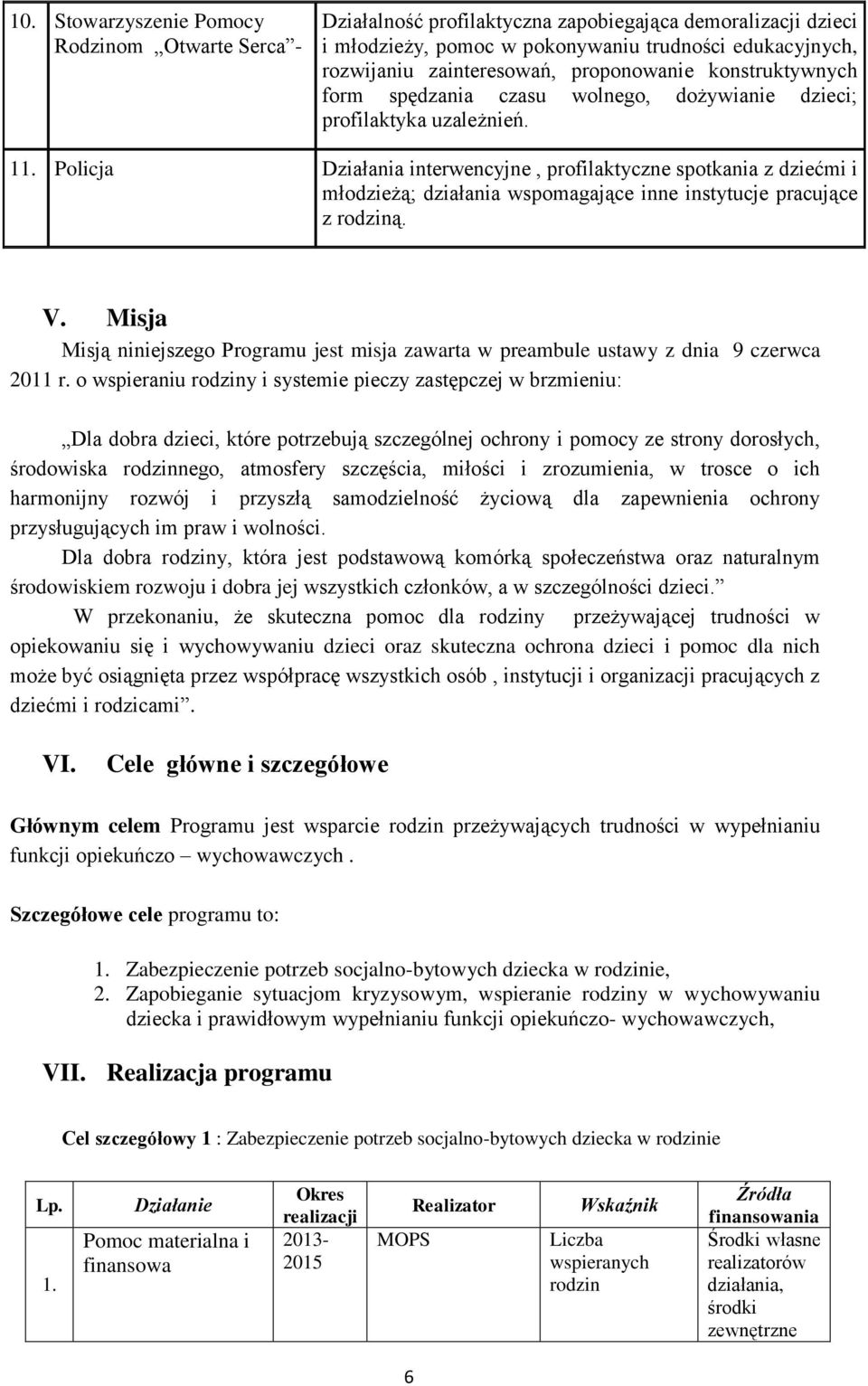 Policja Działania interwencyjne, profilaktyczne spotkania z dziećmi i młodzieżą; działania wspomagające inne instytucje pracujące z rodziną. V.