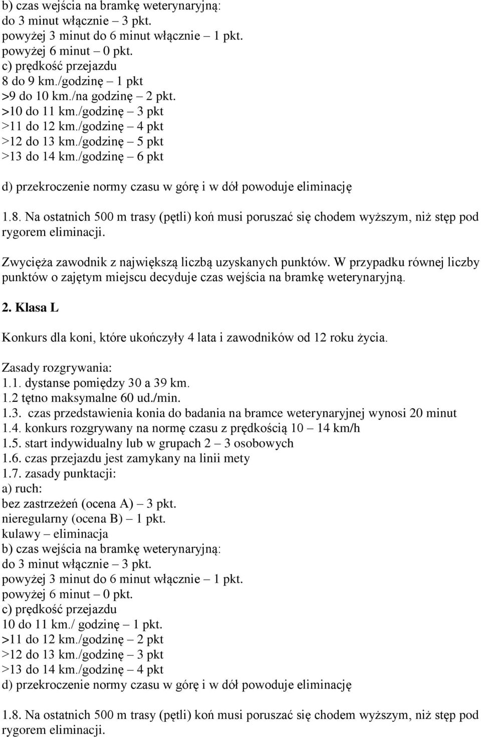 Na ostatnich 500 m trasy (pętli) koń musi poruszać się chodem wyższym, niż stęp pod rygorem eliminacji. Zwycięża zawodnik z największą liczbą uzyskanych punktów.