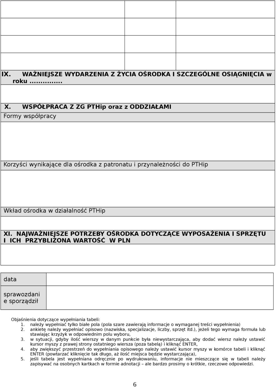 NAJWAŻNIEJSZE POTRZEBY OŚRODKA DOTYCZĄCE WYPOSAŻENIA I SPRZĘTU I ICH PRZYBLIŻONA WARTOŚĆ W PLN data sprawozdani e sporządził Objaśnienia dotyczące wypełniania tabeli: 1.