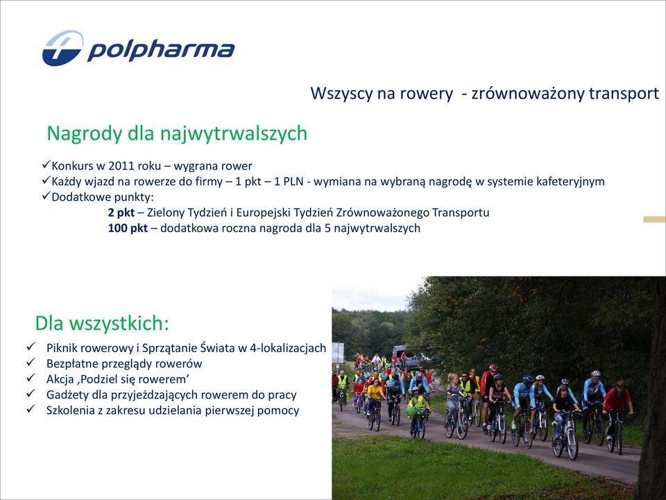 Transportu 100 pkt dodatkowa roczna nagroda dla 5 najwytrwalszych Dla wszystkich: Piknik rowerowy i Sprzątanie Świata w 4-lokalizacjach