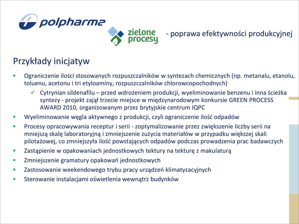 zajął trzecie miejsce w międzynarodowym konkursie GREEN PROCESS AWARD 2010, organizowanym przez brytyjskie centrum IQPC Wyeliminowanie węgla aktywnego z produkcji, czyli ograniczenie ilość odpadów