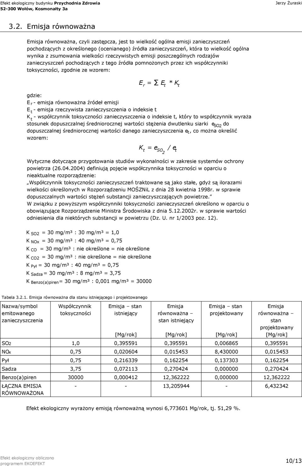 wzorem: E = E * K r t t gdzie: E r - emisja równoważna źródeł emisji E t - emisja rzeczywista zanieczyszczenia o indeksie t K - współczynnik toksyczności zanieczyszczenia o indeksie t, który to