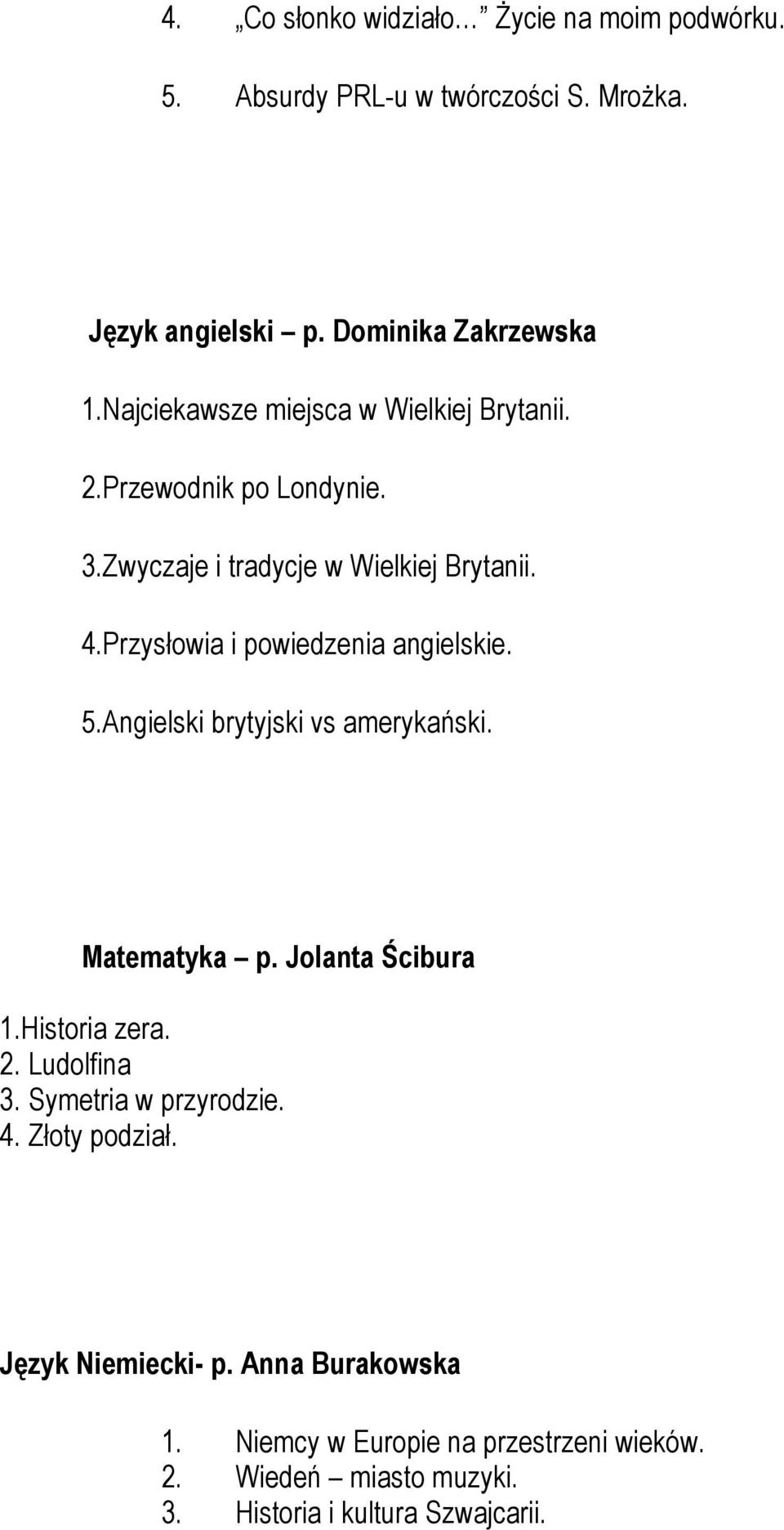 Przysłowia i powiedzenia angielskie. 5.Angielski brytyjski vs amerykański. Matematyka p. Jolanta Ścibura 1.Historia zera. 2. Ludolfina 3.