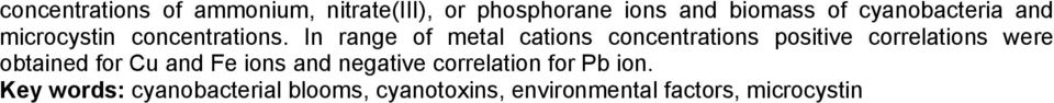 In range of metal cations concentrations positive correlations were obtained for Cu