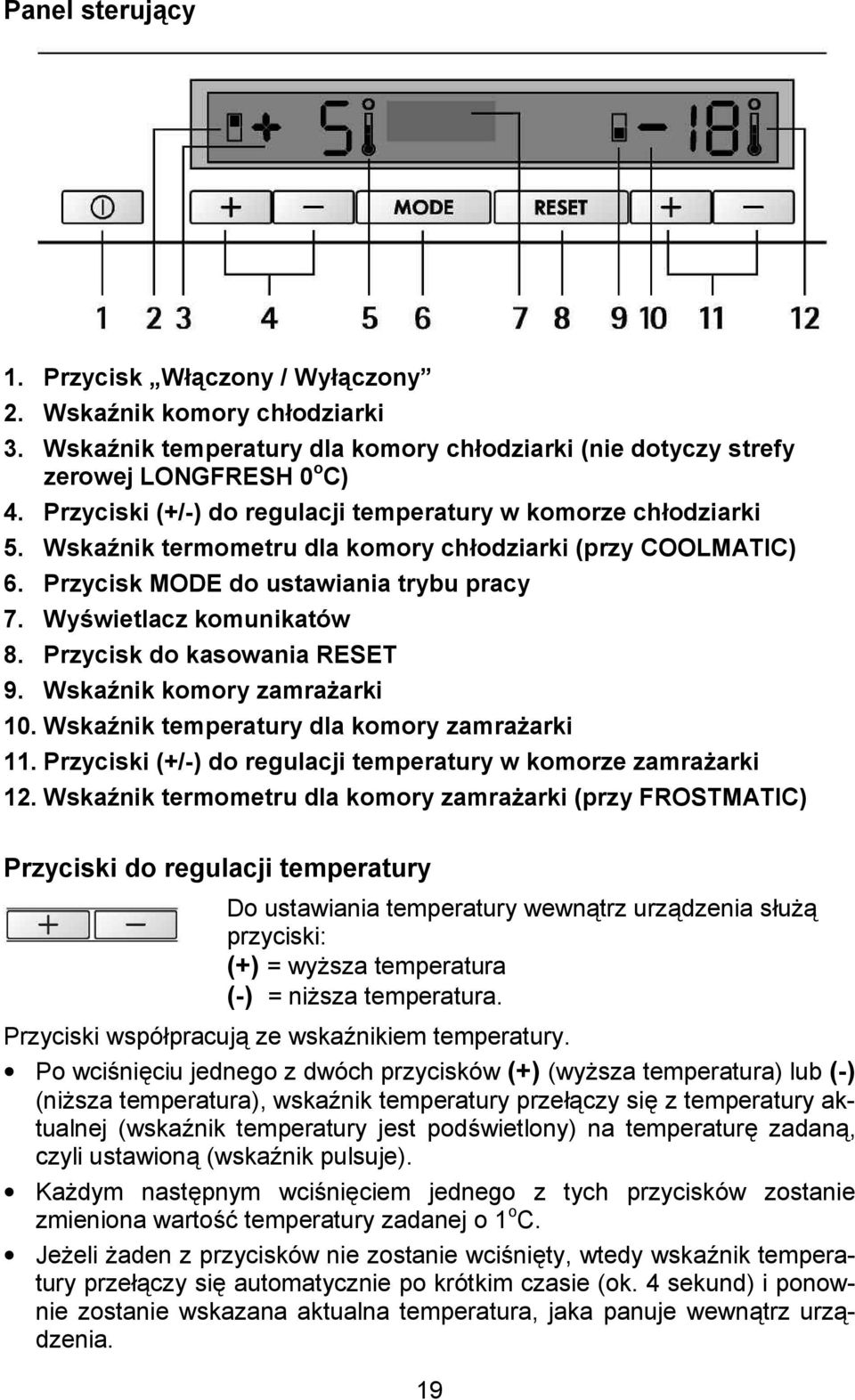 Przycisk do kasowania RESET 9. WskaRnik komory zamra:arki 10. WskaRnik temperatury dla komory zamra:arki 11. Przyciski (+/-) do regulacji temperatury w komorze zamra:arki 12.