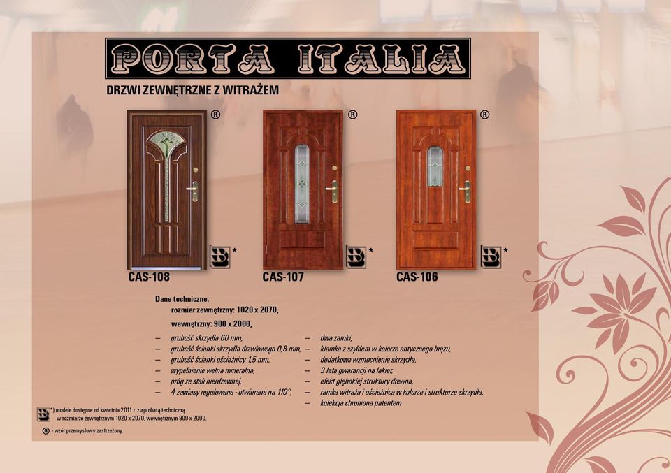 rozmiar zewnętrzny: 1020 x 2070, wewnętrzny: 900 x 2000, gruboœć skrzydła 60 mm, gruboœć œcianki skrzydła drzwiowego 0,8 mm, gruboœć œcianki oœcieżnicy 1,5 mm,