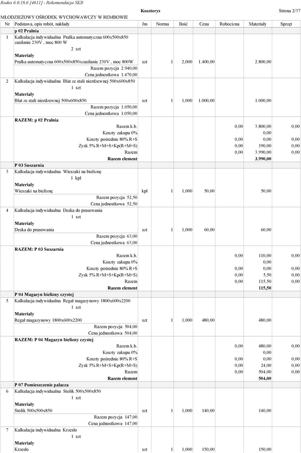 470,00 2 Kalkulacja indywidualna Blat ze stali nierdzewnej 500x600x850 Blat ze stali nierdzewnej 500x600x850 szt 1 1,000 1.000,00 1.000,00 Razem pozycja 1.050,00 Cena jednostkowa 1.
