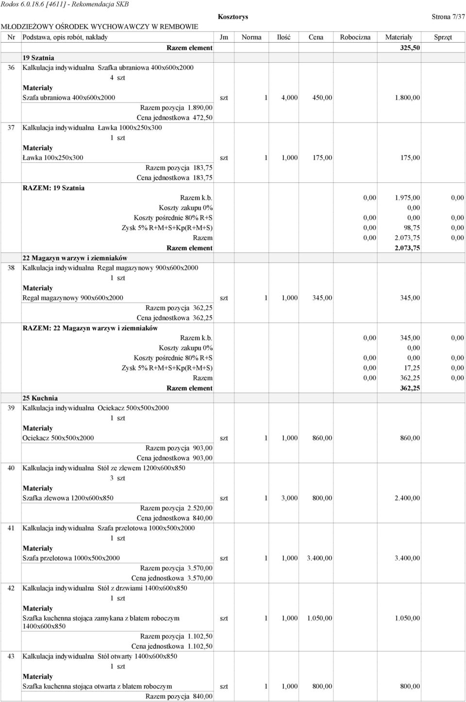 890,00 Cena jednostkowa 472,50 37 Kalkulacja indywidualna Ławka 1000x250x300 Ławka 100x250x300 szt 1 1,000 175,00 175,00 Razem pozycja 183,75 Cena jednostkowa 183,75 RAZEM: 19 Szatnia Razem k.b.