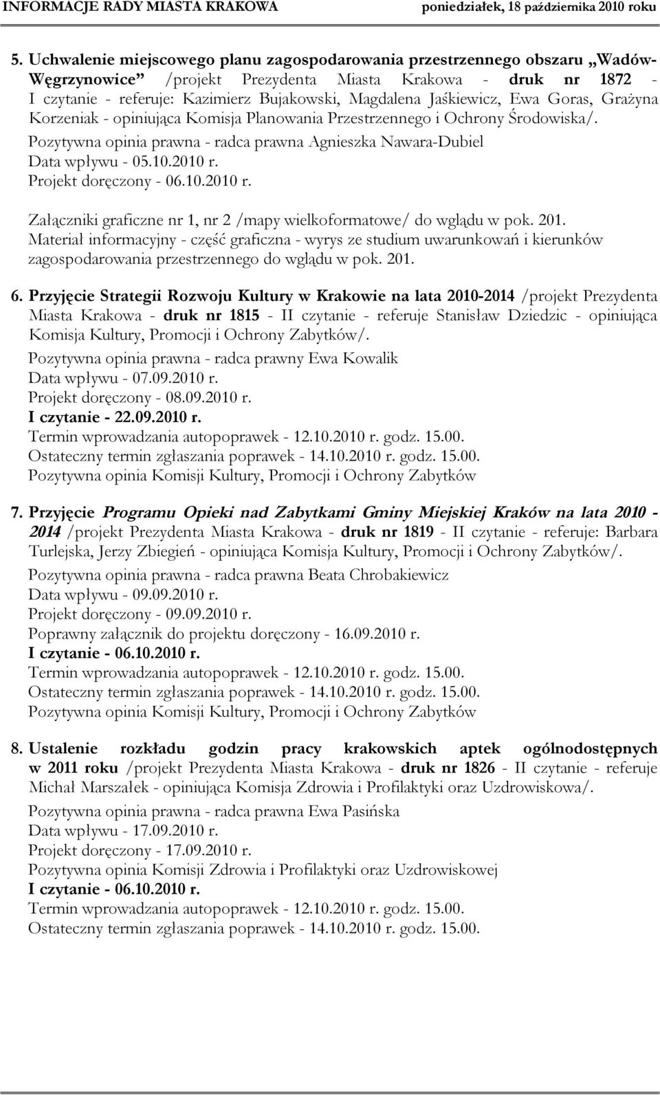 2010 r. Projekt doręczony - 06.10.2010 r. Załączniki graficzne nr 1, nr 2 /mapy wielkoformatowe/ do wglądu w pok. 201.