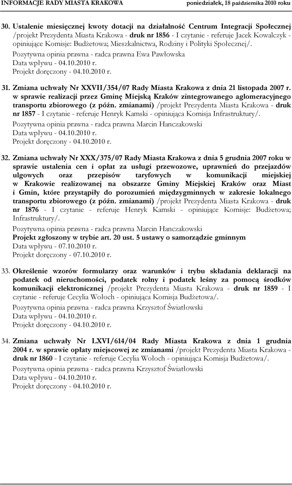Zmiana uchwały Nr XXVII/354/07 Rady Miasta Krakowa z dnia 21 listopada 2007 r. w sprawie realizacji przez Gminę Miejską Kraków zintegrowanego aglomeracyjnego transportu zbiorowego (z późn.