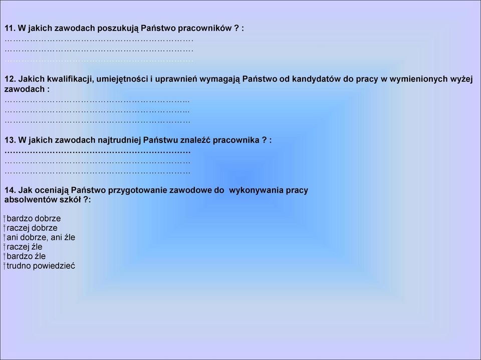 zawodach :...... 13. W jakich zawodach najtrudniej Państwu znaleźć pracownika? : 14.