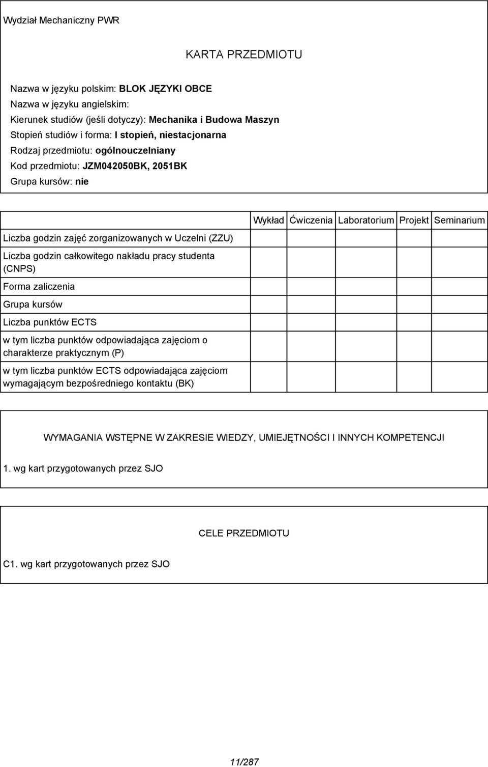 pracy studenta (CNPS) Forma zaliczenia Grupa kursów Liczba punktów ECTS w tym liczba punktów odpowiadająca zajęciom o charakterze praktycznym (P) w tym liczba punktów ECTS odpowiadająca zajęciom