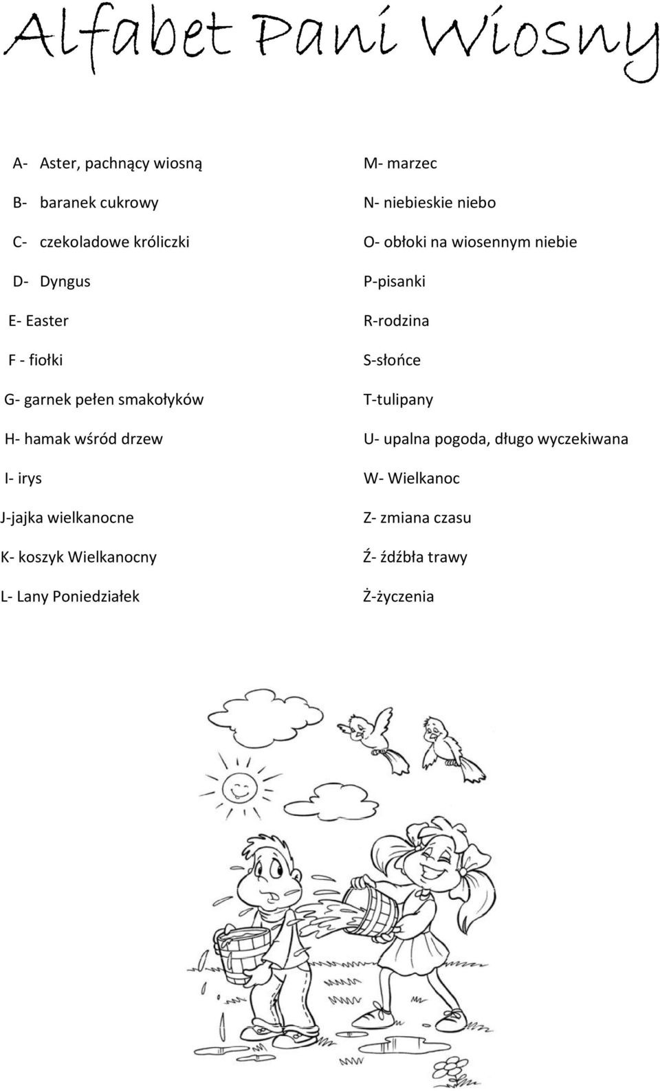 Wielkanocny L- Lany Poniedziałek M- marzec N- niebieskie niebo O- obłoki na wiosennym niebie P-pisanki