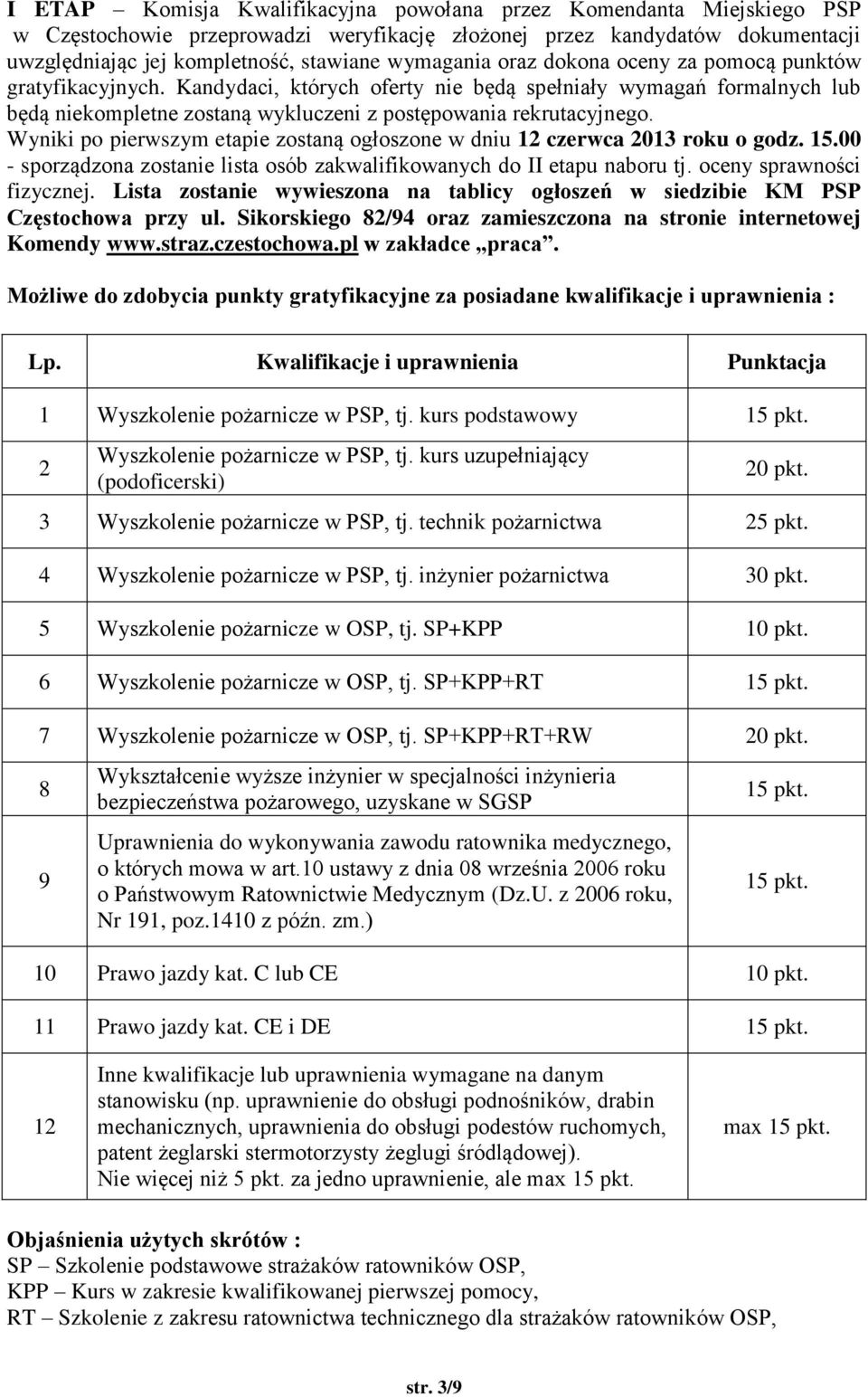 Wyniki po pierwszym etapie zostaną ogłoszone w dniu 12 czerwca 2013 roku o godz. 15.00 - sporządzona zostanie lista osób zakwalifikowanych do II etapu naboru tj. oceny sprawności fizycznej.