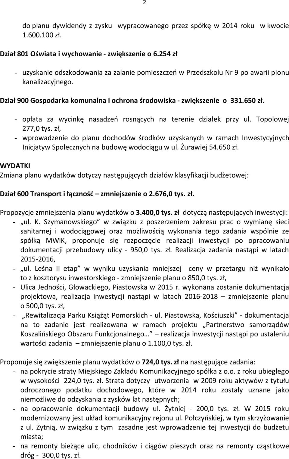 - opłata za wycinkę nasadzeń rosnących na terenie działek przy ul. Topolowej 277,0 tys.