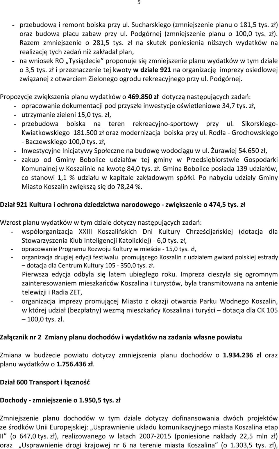 zł i przeznaczenie tej kwoty w dziale 921 na organizację imprezy osiedlowej związanej z otwarciem Zielonego ogrodu rekreacyjnego przy ul. Podgórnej. Propozycje zwiększenia planu wydatków o 469.