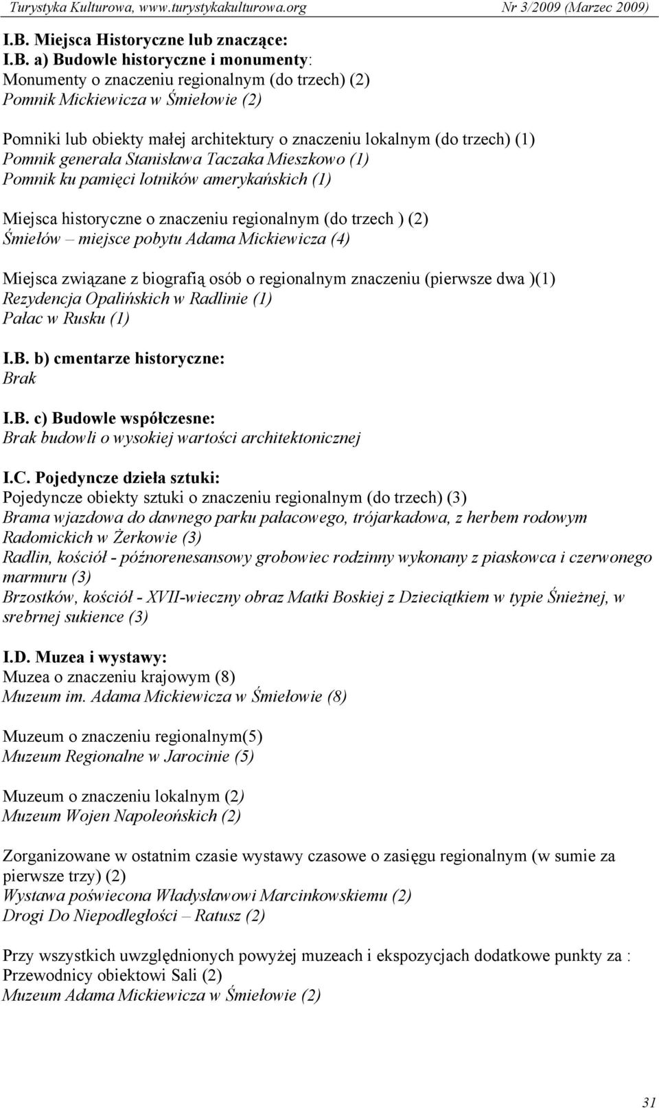 ) (2) Śmiełów miejsce pobytu Adama Mickiewicza (4) Miejsca związane z biografią osób o regionalnym znaczeniu (pierwsze dwa )(1) Rezydencja Opalińskich w Radlinie (1) Pałac w Rusku (1) I.B.