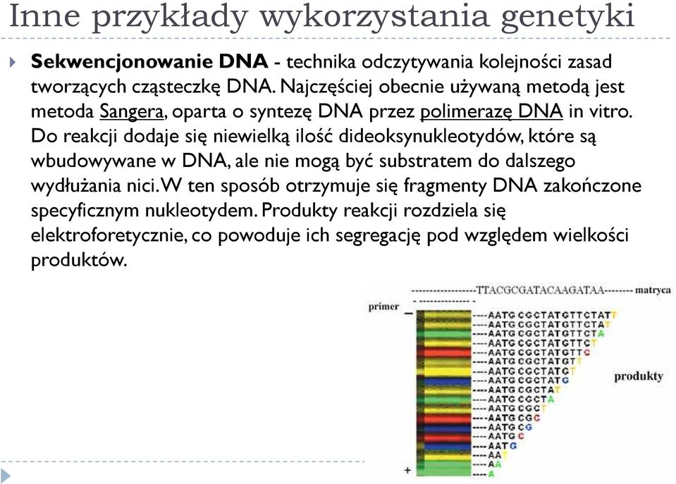 Do reakcji dodaje się niewielką ilość dideoksynukleotydów, które są wbudowywane w DNA, ale nie mogą być substratem do dalszego wydłuŝania