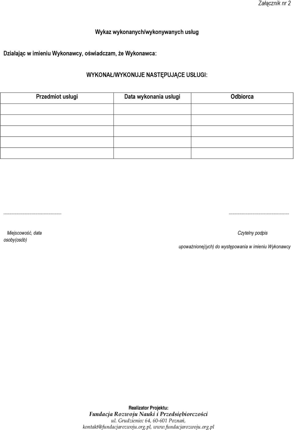 Przedmiot usługi Data wykonania usługi Odbiorca.
