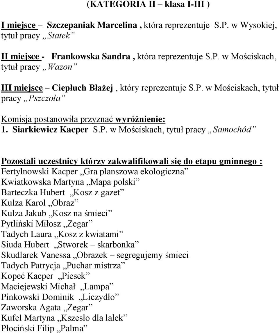 gminnego : Fertylnowski Kacper Gra planszowa ekologiczna Kwiatkowska Martyna Mapa polski Barteczka Hubert Kosz z gazet Kulza Karol Obraz Kulza Jakub Kosz na śmieci Pytliński Miłosz Zegar Tadych Laura