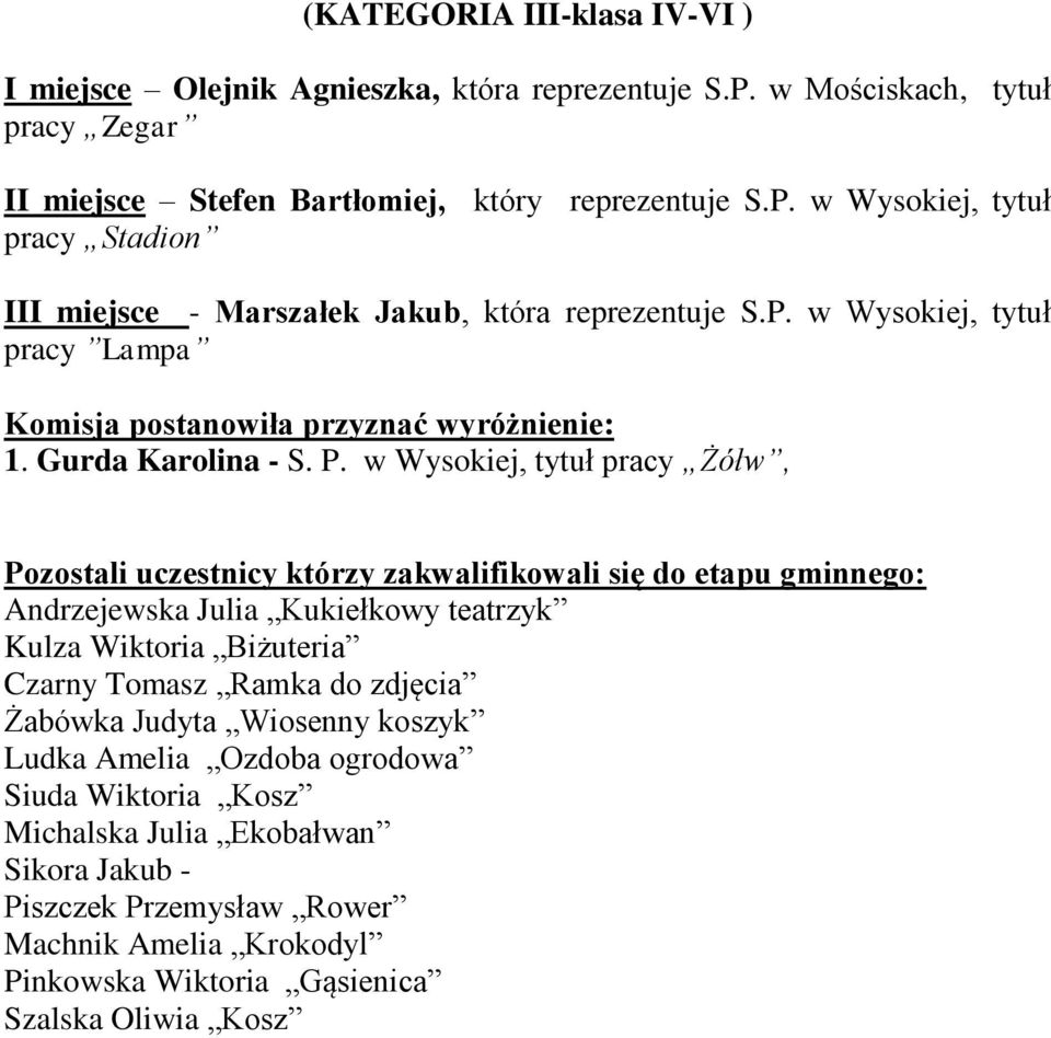 w Wysokiej, tytuł pracy Żółw, Pozostali uczestnicy którzy zakwalifikowali się do etapu gminnego: Andrzejewska Julia Kukiełkowy teatrzyk Kulza Wiktoria Biżuteria Czarny Tomasz Ramka do