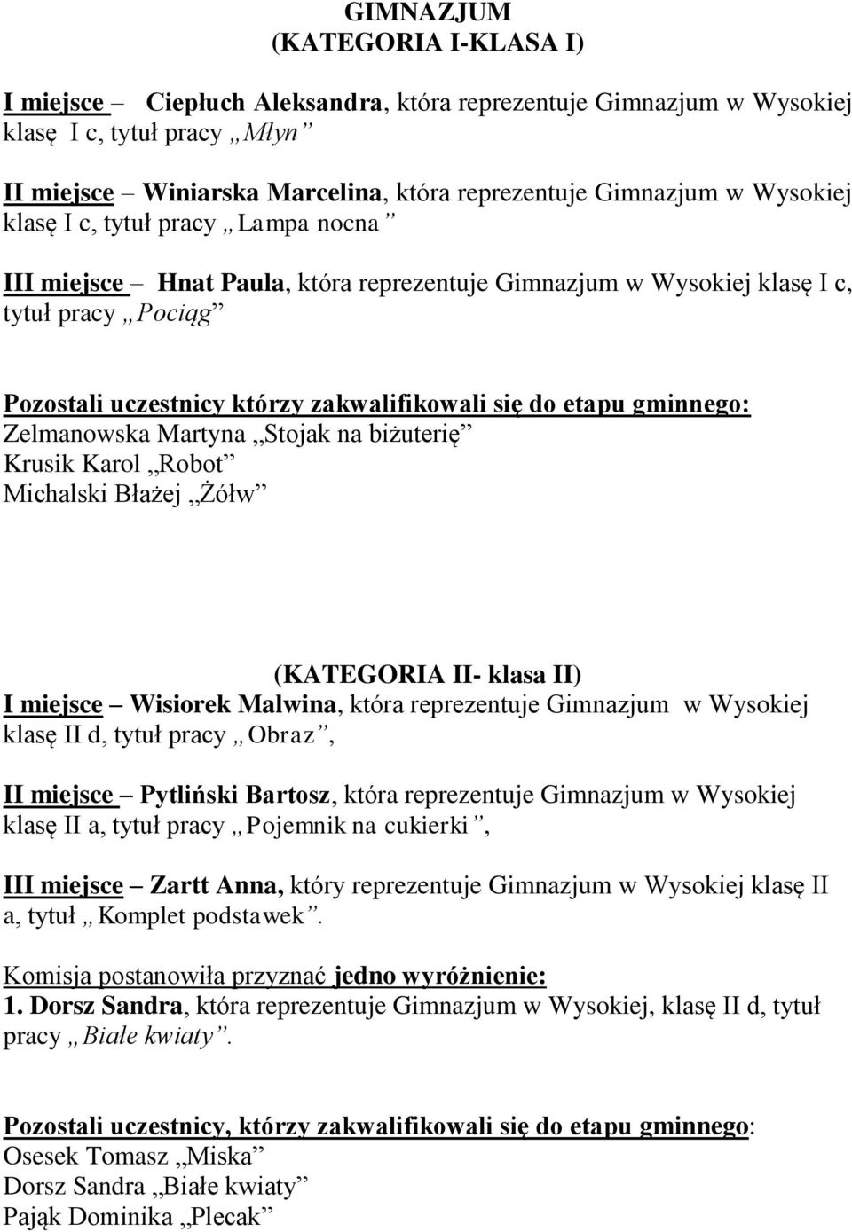 gminnego: Zelmanowska Martyna Stojak na biżuterię Krusik Karol Robot Michalski Błażej Żółw (KATEGORIA II- klasa II) I miejsce Wisiorek Malwina, która reprezentuje Gimnazjum w Wysokiej klasę II d,