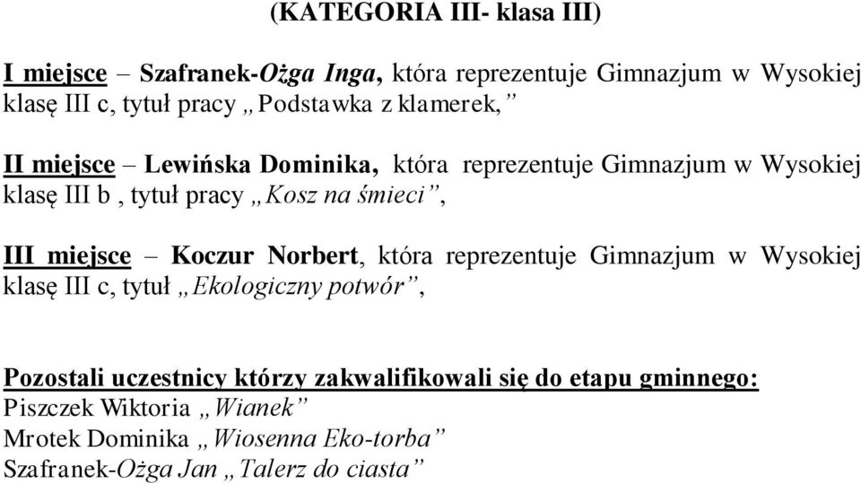 śmieci, III miejsce Koczur Norbert, która reprezentuje Gimnazjum w Wysokiej klasę III c, tytuł Ekologiczny potwór, Pozostali