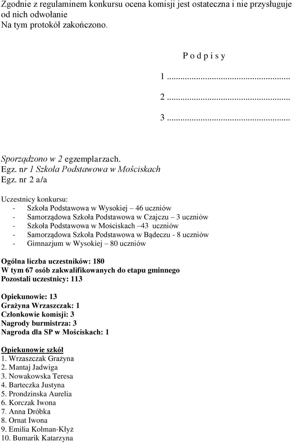nr 2 a/a Uczestnicy konkursu: - Szkoła Podstawowa w Wysokiej 46 uczniów - Samorządowa Szkoła Podstawowa w Czajczu 3 uczniów - Szkoła Podstawowa w Mościskach 43 uczniów - Samorządowa Szkoła Podstawowa