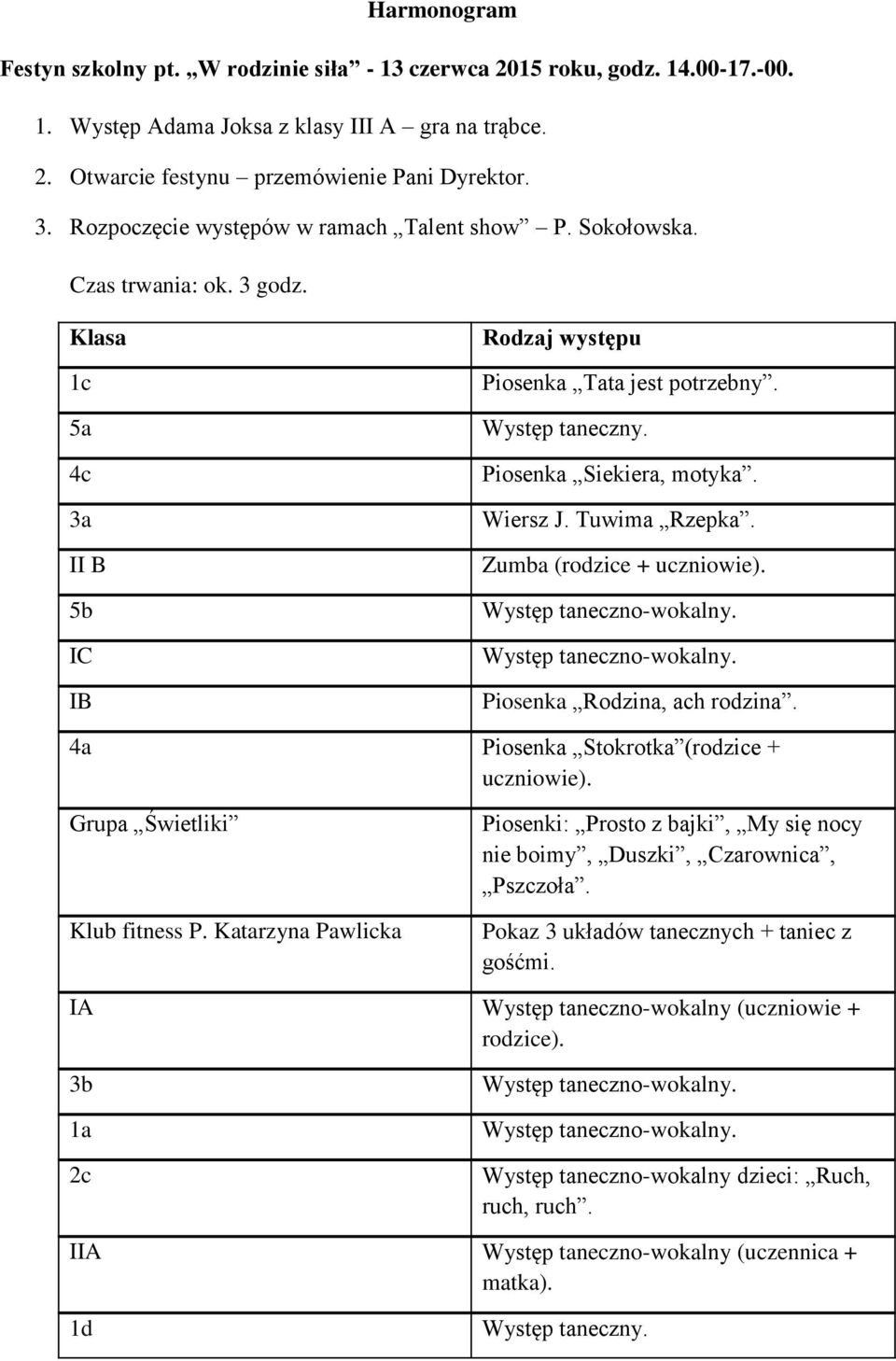Piosenka Siekiera, motyka. Wiersz J. Tuwima Rzepka. Zumba (rodzice + uczniowie). Piosenka Rodzina, ach rodzina. 4a Piosenka Stokrotka (rodzice + uczniowie). Grupa Świetliki Klub fitness P.