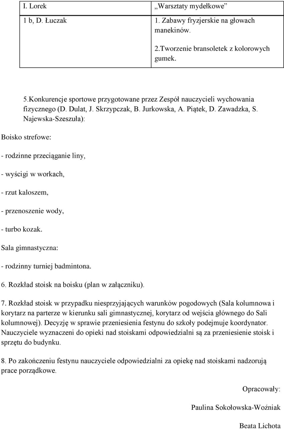 Najewska-Szeszuła): Boisko strefowe: - rodzinne przeciąganie liny, - wyścigi w workach, - rzut kaloszem, - przenoszenie wody, - turbo kozak. Sala gimnastyczna: - rodzinny turniej badmintona. 6.