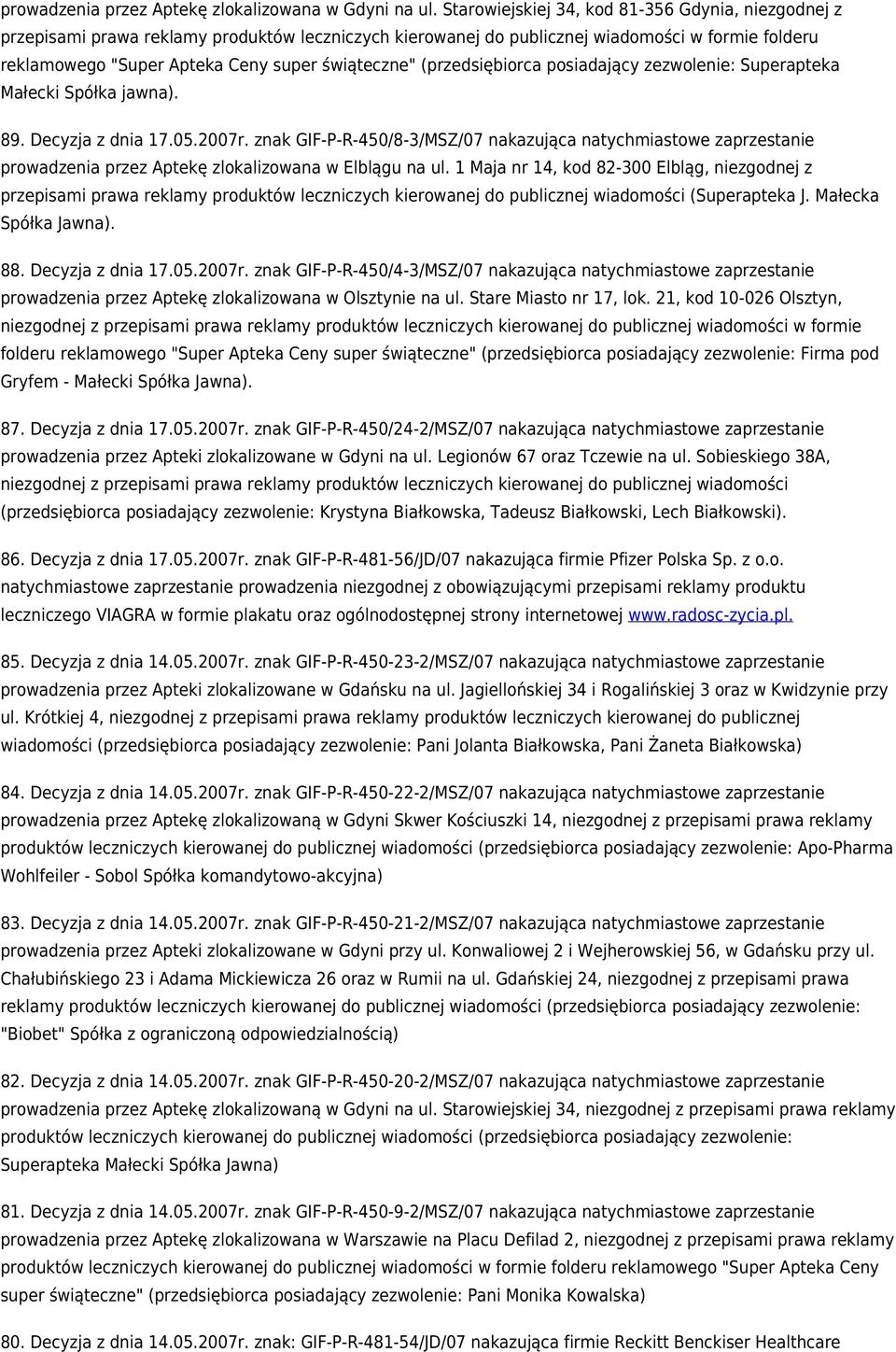 (przedsiębiorca posiadający zezwolenie: Superapteka Małecki Spółka jawna). 89. Decyzja z dnia 17.05.2007r.