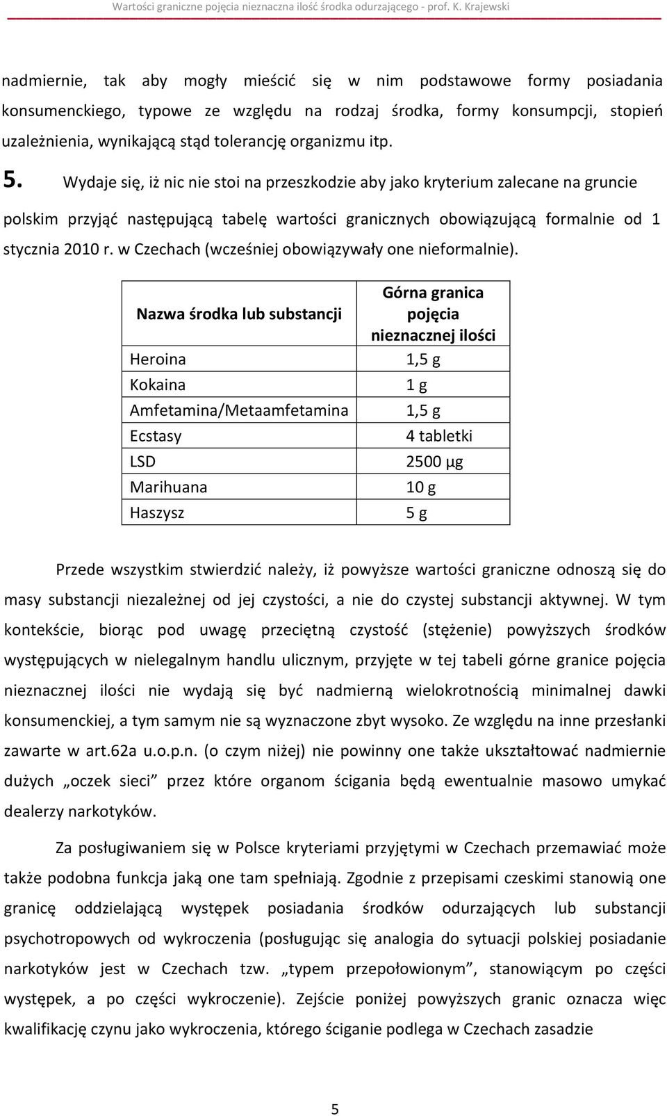 Wydaje się, iż nic nie stoi na przeszkodzie aby jako kryterium zalecane na gruncie polskim przyjąć następującą tabelę wartości granicznych obowiązującą formalnie od 1 stycznia 2010 r.