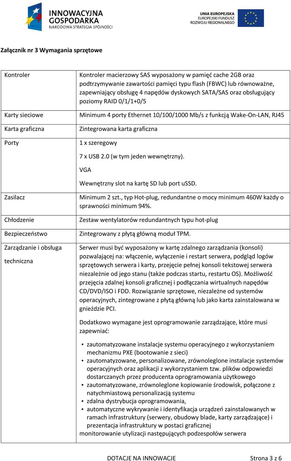 0 (w tym jeden wewnętrzny). VGA Wewnętrzny slot na kartę SD lub port ussd. Zasilacz Chłodzenie Bezpieczeństwo Zarządzanie i obsługa techniczna Minimum 2 szt.