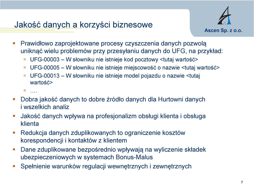 Dobra jakość danych to dobre źródło danych dla Hurtowni danych i wszelkich analiz Jakość danych wpływa na profesjonalizm obsługi klienta i obsługa klienta Redukcja danych zduplikowanych to