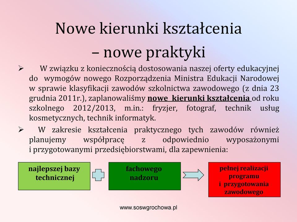 ), zaplanowaliśmy nowe kierunki kształcenia od roku szkolnego 2012/2013, m.in.: fryzjer, fotograf, technik usług kosmetycznych, technik informatyk.