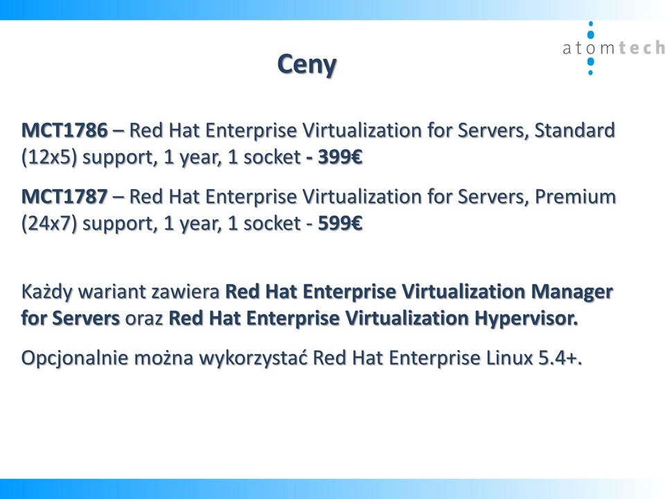 1 socket - 599 Każdy wariant zawiera Red Hat Enterprise Virtualization Manager for Servers oraz Red