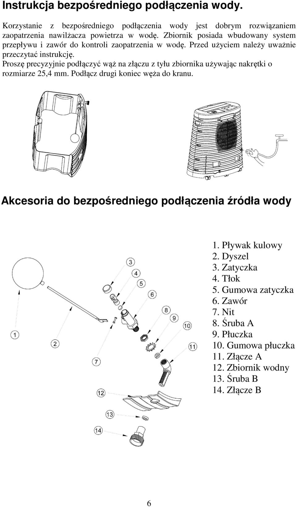 Proszę precyzyjnie podłączyć wąż na złączu z tyłu zbiornika używając nakrętki o rozmiarze 25,4 mm. Podłącz drugi koniec węża do kranu.