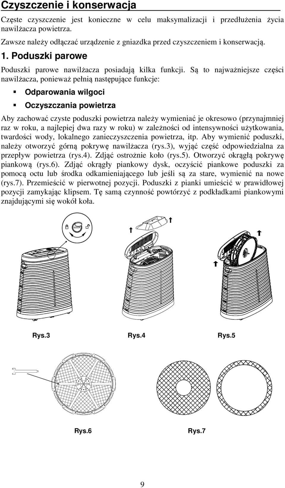 Są to najważniejsze części nawilżacza, ponieważ pełnią następujące funkcje: Odparowania wilgoci Oczyszczania powietrza Aby zachować czyste poduszki powietrza należy wymieniać je okresowo