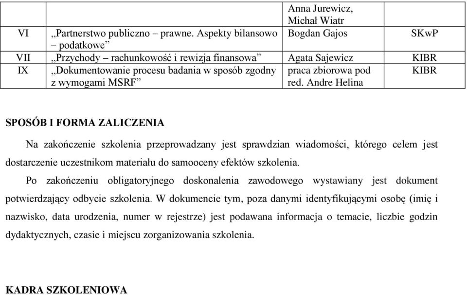 red. Andre Helina KIBR SPOSÓB I FORMA ZALICZENIA Na zakończenie szkolenia przeprowadzany jest sprawdzian wiadomości, którego celem jest dostarczenie uczestnikom materiału do samooceny efektów