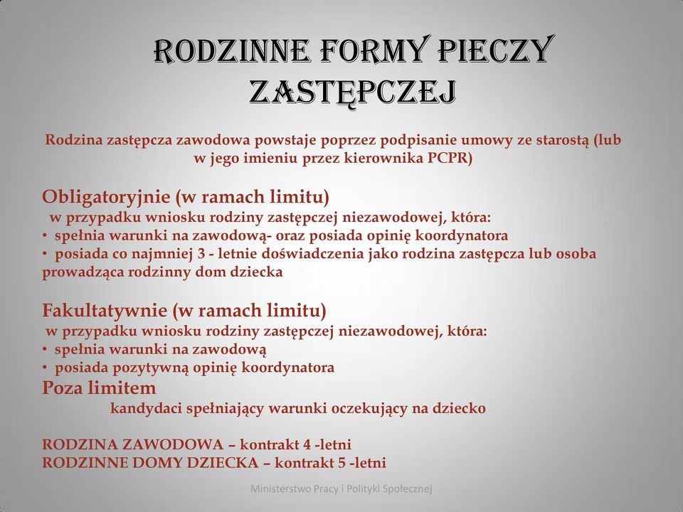 jako rodzina zastępcza lub osoba prowadząca rodzinny dom dziecka Fakultatywnie (w ramach limitu) w przypadku wniosku rodziny zastępczej niezawodowej, która: spełnia warunki na